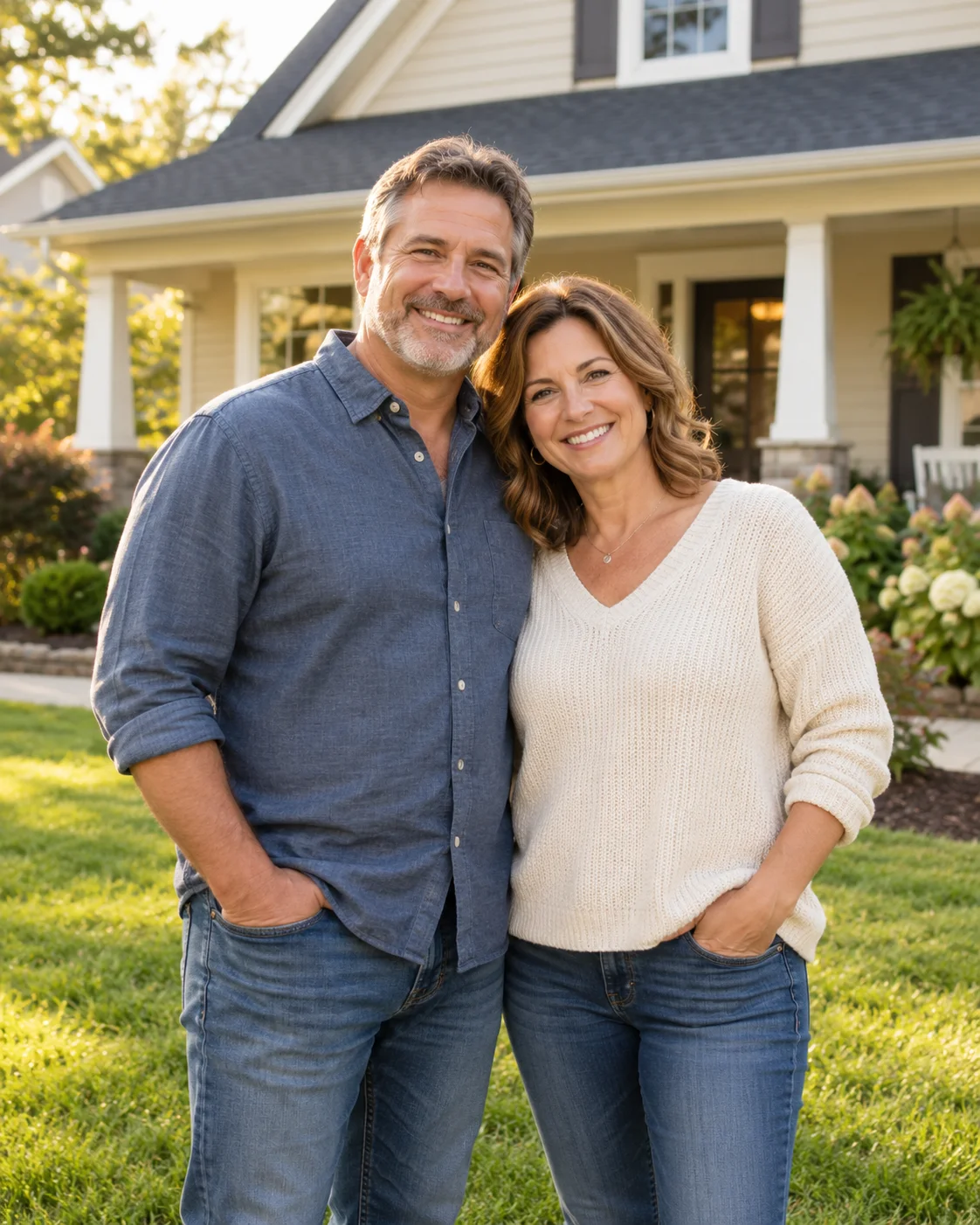 A smiling couple standing together in front of a welcoming suburban home